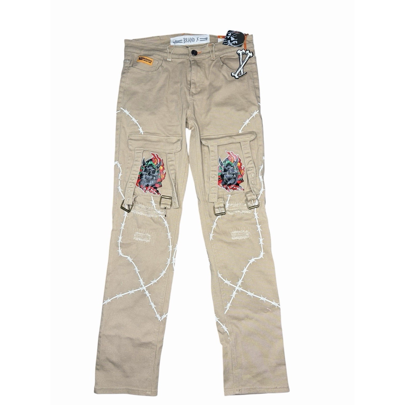 Mens Brand X Cargo Pants With Skull & Flame Graphic Barbed Wire Print - Size 32